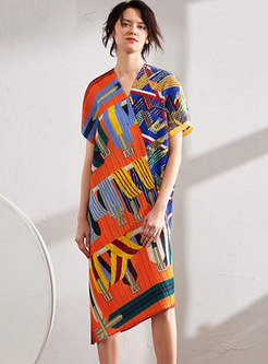 V-neck Print Asymmetric Pleated Shift Dress