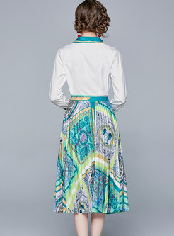 Lapel Print Patchwork Pleated Midi Skirt Suits