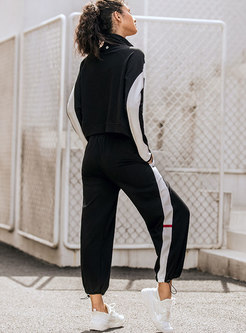 Mock Neck Striped Patchwork Daily Sweat Suits