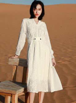 White V-neck Openwork Beach Midi Dress