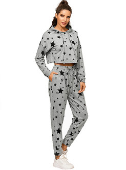 Hooded Pullover Stars Print Sweat Pant Suits