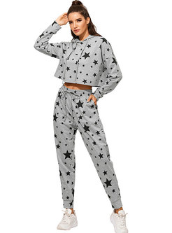 Hooded Pullover Stars Print Sweat Pant Suits