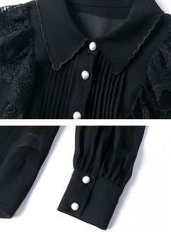 Black Lace Patchwork Ruffle Transparent Blouse