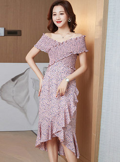 Off-the-shoulder Print Ruffle Asymmetric Dress