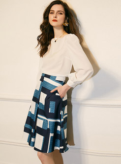 Pullover Chiffon Blouse & A Line Plaid Skirt