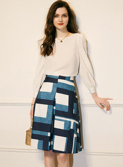 Pullover Chiffon Blouse & A Line Plaid Skirt