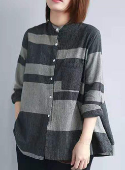 Mock Neck Plaid Linen Single-breasted Blouse