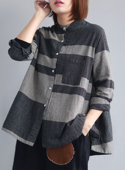 Mock Neck Plaid Linen Single-breasted Blouse