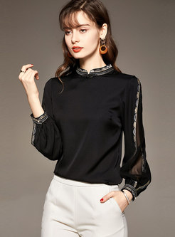 Mock Neck Embroidered Silk Pullover Blouse
