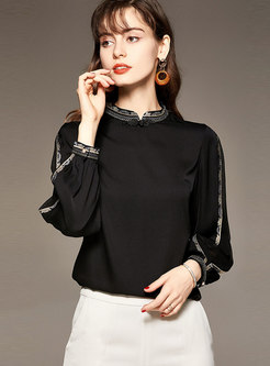 Mock Neck Embroidered Silk Pullover Blouse