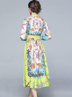 Lapel Print High Waisted Pleated Long Dress