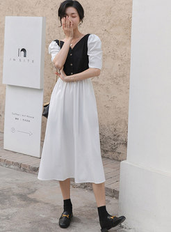 Color-blocked Puff Sleeve High Waisted Dress