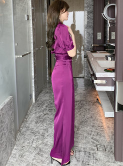 Short Sleeve Satin High Wasited Wide Leg Pant Suits