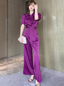 Short Sleeve Satin High Wasited Wide Leg Pant Suits