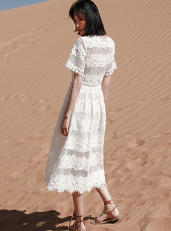 White Openwork High Waisted Beach Midi Dress
