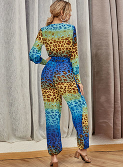 Casual V-neck Leopard Gradients Straight Jumpsuits