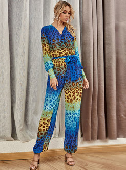 Casual V-neck Leopard Gradients Straight Jumpsuits