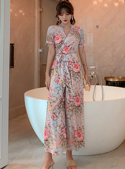Print Short Sleeve High Waisted Palazzo Pant Suits