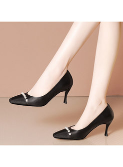 Square Toe Low-fronted Beaded Stiletto Heels