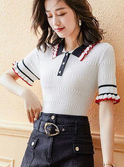 Color-blocked Pullover Slim Polo Knit Top