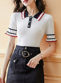 Color-blocked Pullover Slim Polo Knit Top