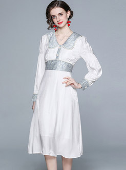 White Doll Collar Jacquard Patchwork Midi Dress