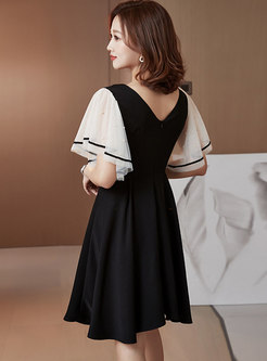 Black V-neck Ruffle Sleeve A Line Mini Dress