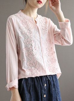 Solid V-neck Embroidered Pullover Blouse