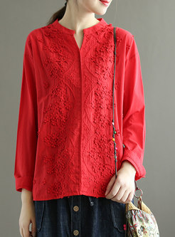 Solid V-neck Embroidered Pullover Blouse