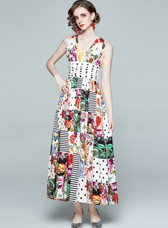 Boho Sleeveless Empire Waist Print Pleated Maxi Dress