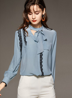 Lace Patchwork Openwork Ribbon Pullover Blouse