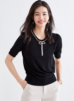 Crew Neck Beaded Pullover Loose Knit Top