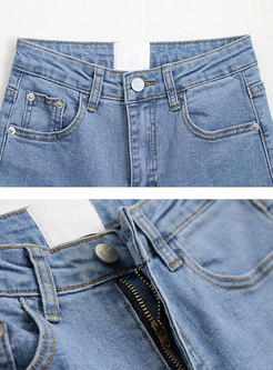 Blue Straight High Waisted Fringe Split Jeans