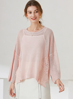 Crew Neck Openwork Pullover Knit Top With Cami