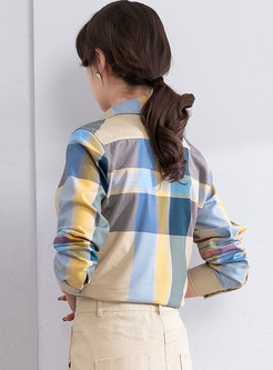 Turn-down Collar Color-block Plaid Shirt