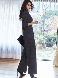 Notched Double-breasted Plaid Wide Leg Jumpsuis