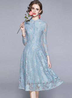 Long Sleeve Empire Waist Openwork Lace Dress
