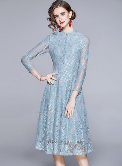 Long Sleeve Empire Waist Openwork Lace Dress