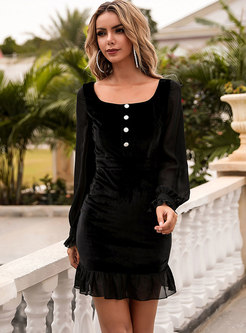 Black Lantern Sleeve Velvet Peplum Cocktail Dress