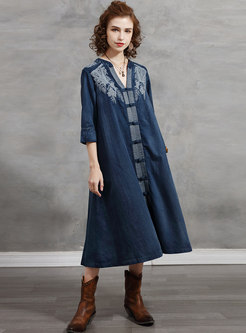 Plus Size Embroidered 3/4 Sleeve Shift Denim Dress