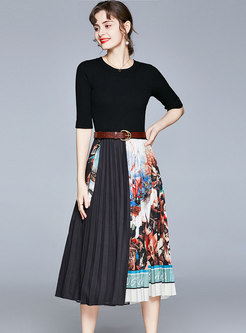 Black Knitted Patchwork Belted Pleated Print Dress