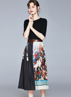 Black Knitted Patchwork Belted Pleated Print Dress