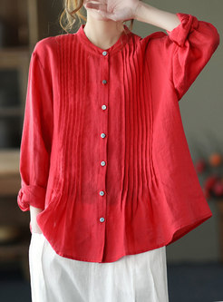 Plus Size Shirred Linen Solid Blouse