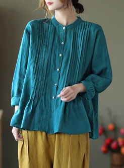 Plus Size Shirred Linen Solid Blouse