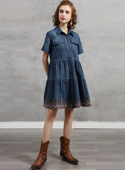 Plus Size Embroidered Patchwork Denim Mini Dress