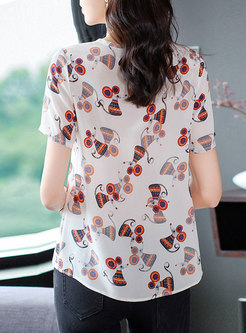 Short Sleeve Print Silk Pullover T-shirt