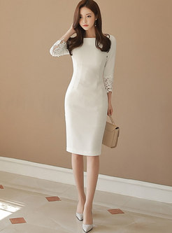 White 3/4 Sleeve Openwork Bodycon Cocktail Dress