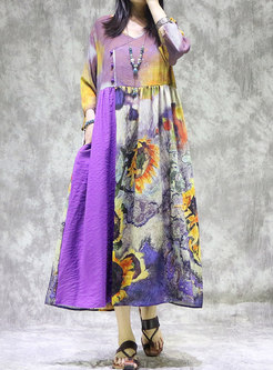 Plus Size Linen Color-block Print Maxi Dress