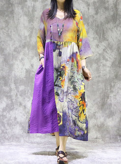 Plus Size Linen Color-block Print Maxi Dress