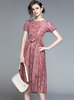 Crew Neck Puff Sleeve Sequin Lace Dress